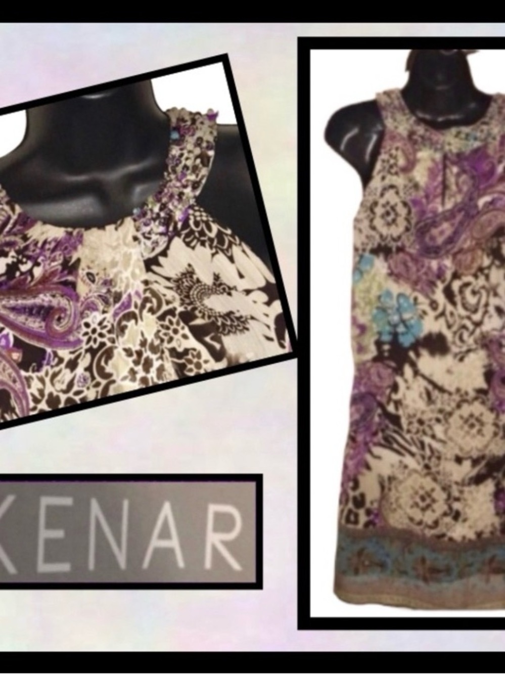 Kenar Embellished Neckline Paisley Floral Shift Dress - Purple, Cream & Brown